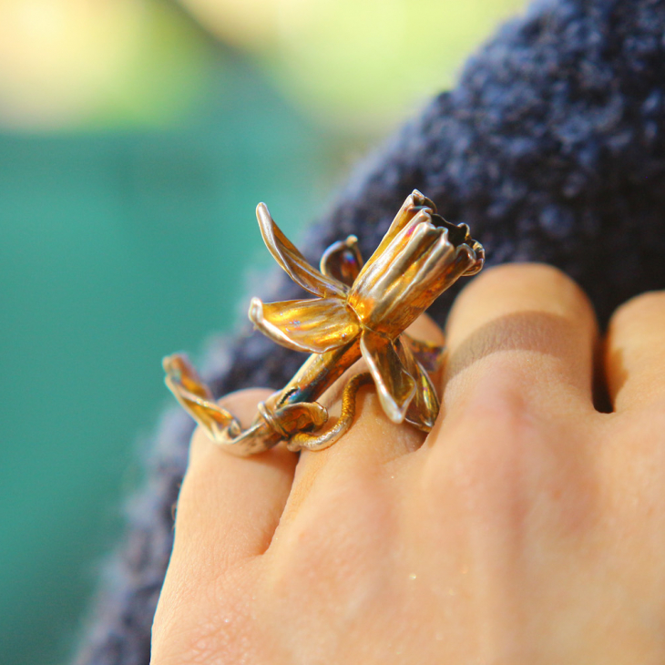 Narcissus flower ring in colored silver, фото 6