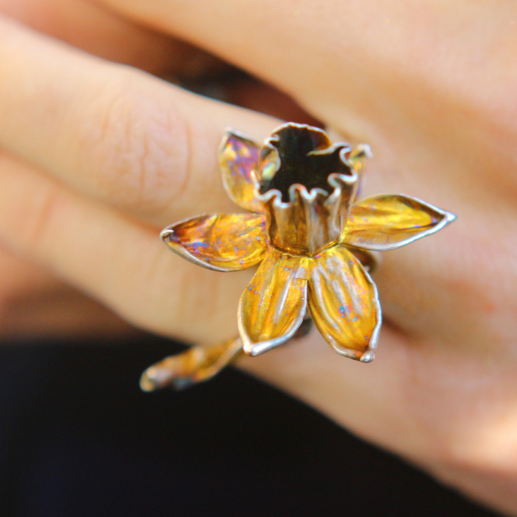 Narcissus flower ring in colored silver, фото 4