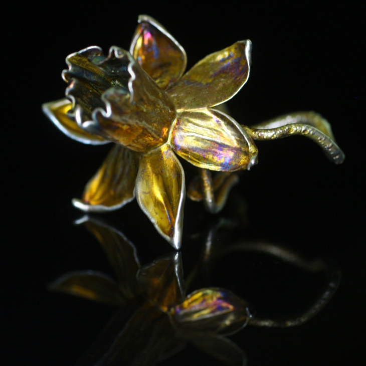 Narcissus flower ring in colored silver, фото 8