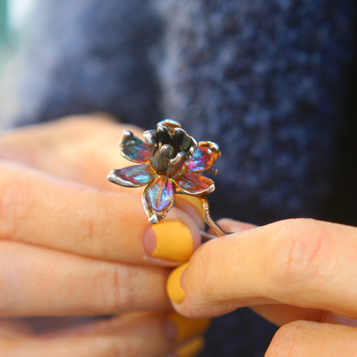 Narcissus flower ring in colored silver, фото 5
