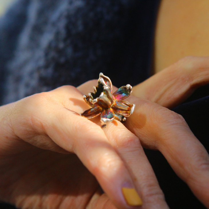 Narcissus flower ring in colored silver, фото 4