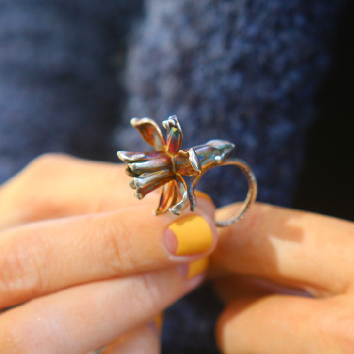 Narcissus flower ring in colored silver, фото 6