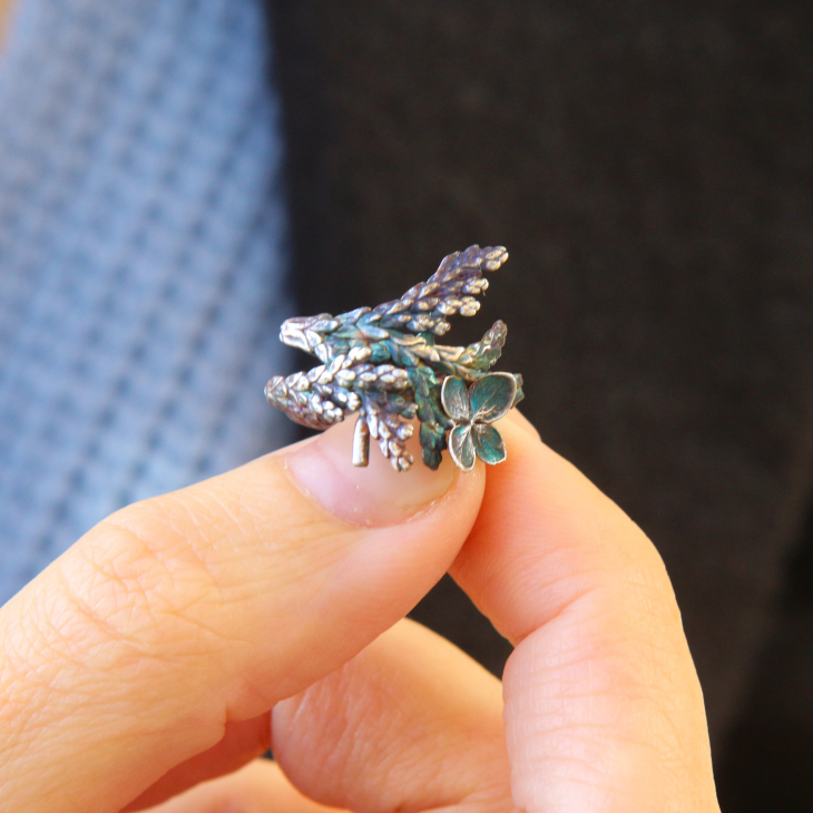 Cuff in silver, Hydrangea and Thuja, фото 4