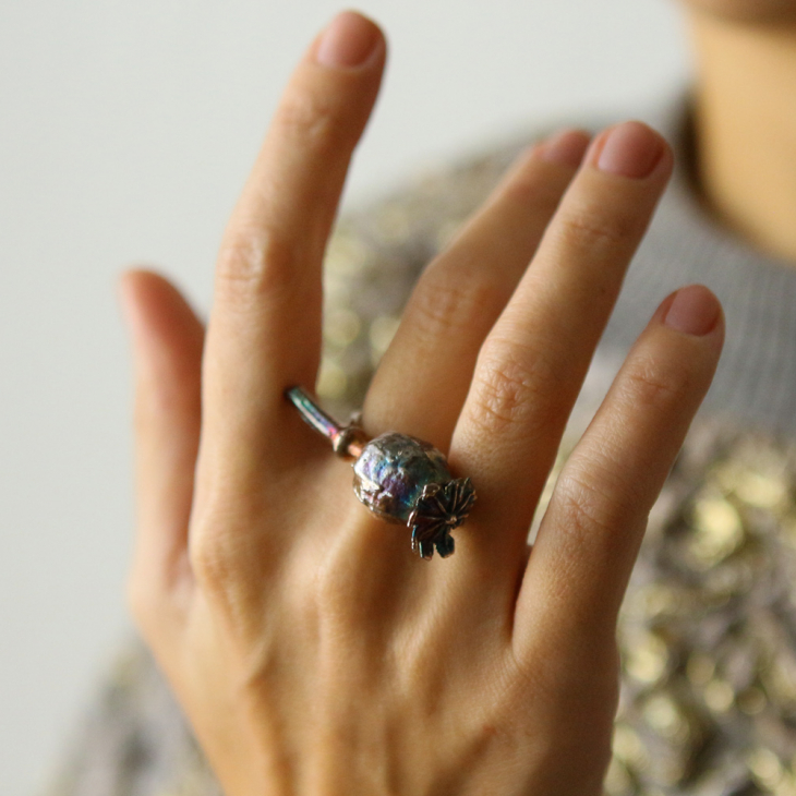 Poppy ring in colored silver, фото 4