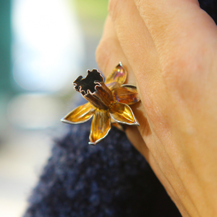 Narcissus flower ring in colored silver, фото 3