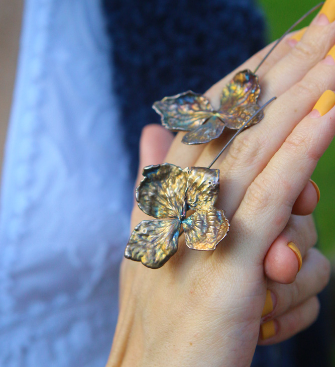 Hydrangea flower earrings in colored silver, фото 3