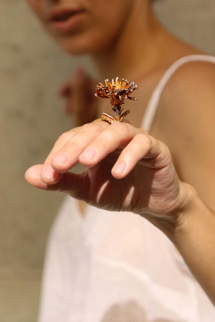 Chrysanthemum flower ring in silver