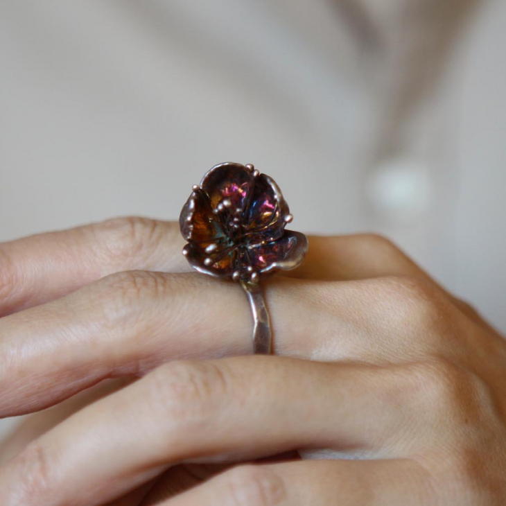 Apricot flower ring in colored silver, фото 1